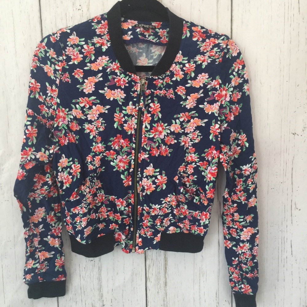 Express floral bomber jacket zip up front